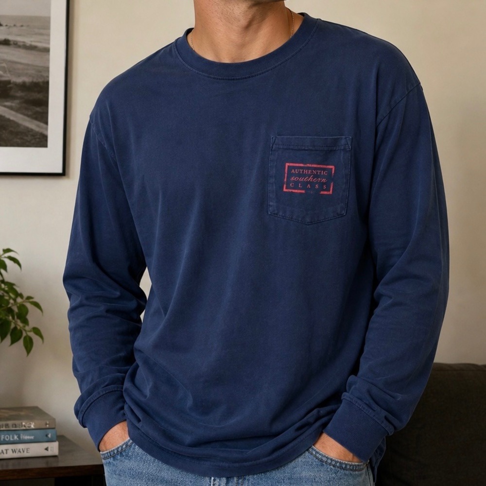 Southern Marsh Mens Long Sleeve Pocket Tee Navy Blue Duck Logo Graphic Shirt L